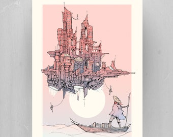 Sci-Fi Fisherman Art Print: Floating City, Ink Drawing