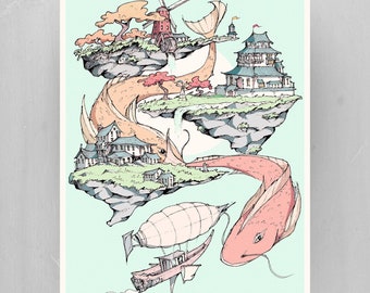 Floating Isles Nursery Art Print: Magical Koi Carp, Temples