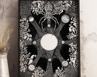 Cosmic Spider Giclee Print: Black and White Surreal Ink Drawing