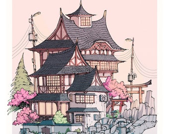 Japanese Temple, Giclee print. Original art | Japan | Ink drawing | Digital art | Architecture | Illustration | Poster