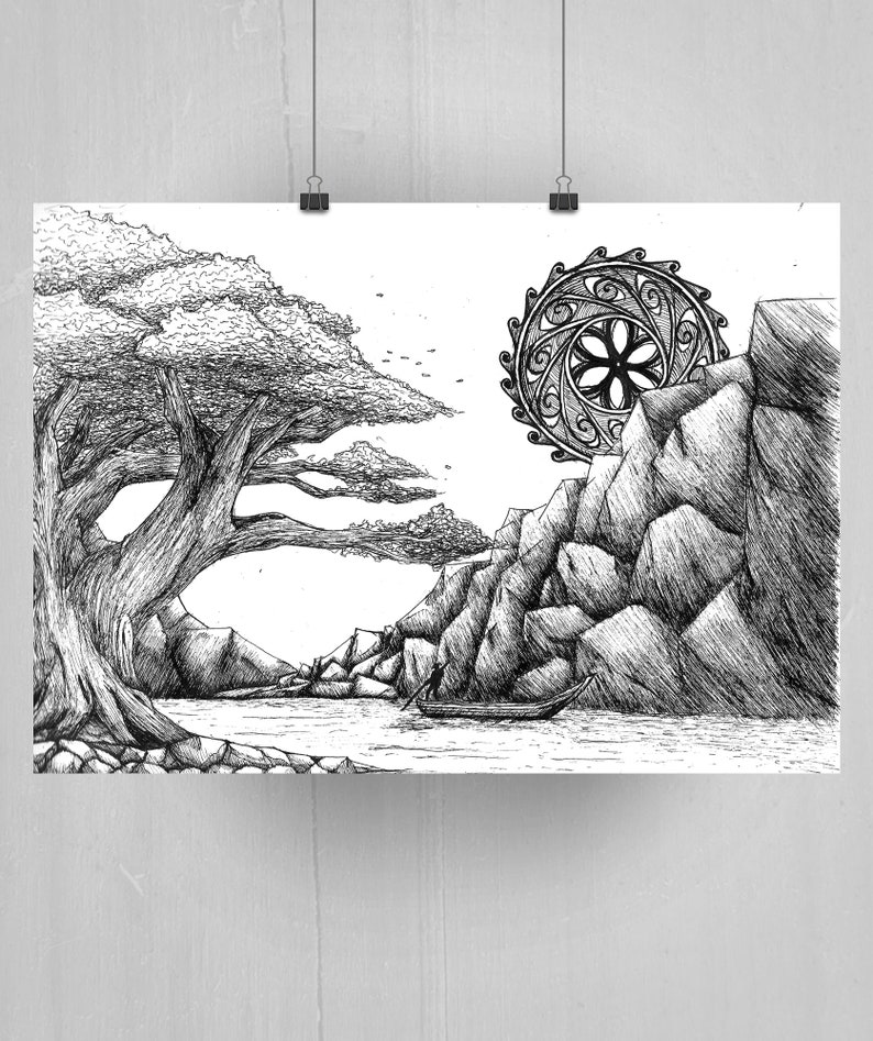 River, Giclee print. Japanese art Landscape art Ink drawing Black and white art Mountain print Mandala art Living room art image 2