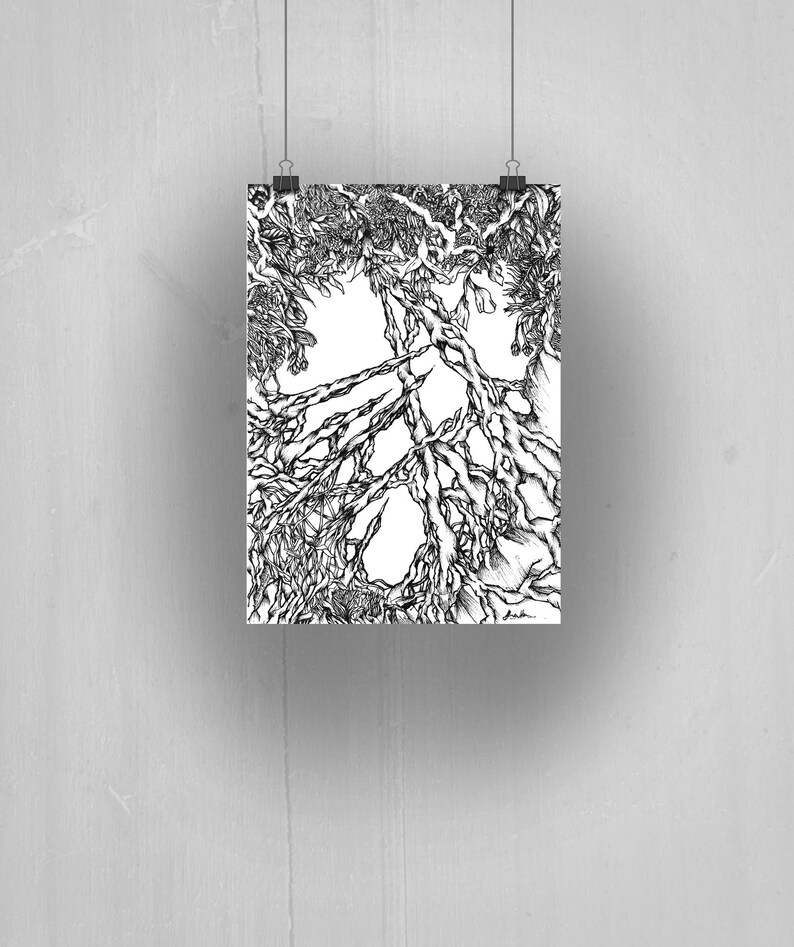Puede incluir: Dibujo en blanco y negro de un &aacute;rbol con ramas que se extienden hacia el cielo. El dibujo est&aacute; hecho en un estilo detallado e intrincado, con muchas l&iacute;neas y curvas peque&ntilde;as.