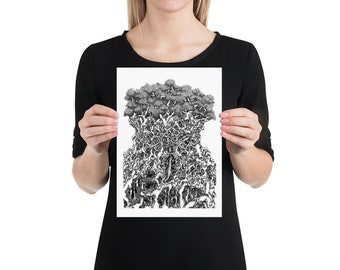Forest Temple Giclee Print: Surreal Black and White Ink Drawing