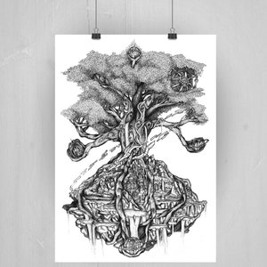 Puede incluir: Un dibujo en tinta negro y blanco de un árbol con una ciudad construida en sus raíces. El árbol tiene varias ramas con detalles intrincados y un objeto circular en la parte superior de cada rama. La ciudad está construida en las raíces del árbol y tiene varios edificios y estructuras.