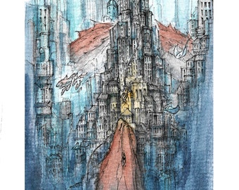 Underwater City Giclee Print: Dystopian Ocean Watercolor Art