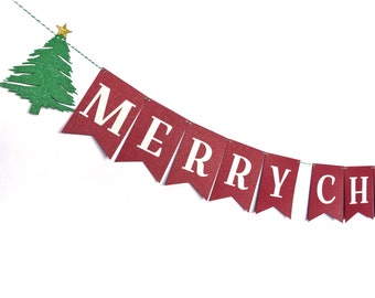 Merry Christmas Holiday Banner | Iridescent Glitter Christmas Tree Banner | Christmas Party Decor |  Sparkly Christmas Decoration