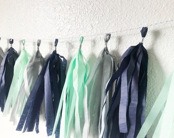 Tassel Garland | Tassel Banner | Navy Blue, Mint Green, and Grey Tassel Garland | Boy Birthday Party Decor | Baby Shower Decor | Gray