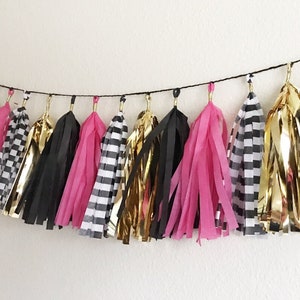 Pink, Gold, black, and Black and white Striped Tassel Garland | Tassel Banner | Bridal Shower Decor | Birthday Party Decor | Party Supplies