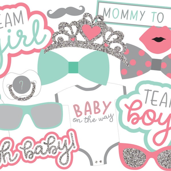 UNEDITABLE Instant Download Gender Reveal Party | Printable  Baby Shower Photo Props | Coral, Mint & Silver/Gray Baby Party Decor | Photoboo