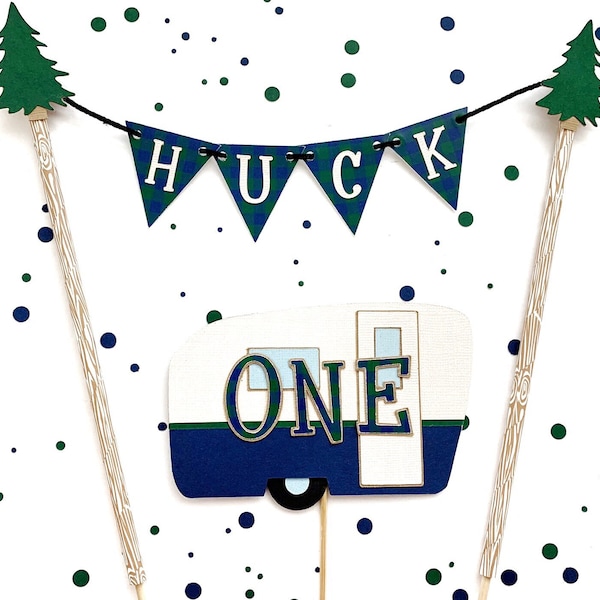 One Happy Camper Cake Toppers | Camping Party | Blue/Green Plaid | Woodland Forest Birthday | Pine Tree & Brown Bear Cake | Vintage Camper