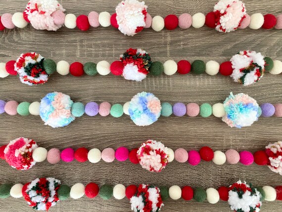 Christmas Pom Garland | Valentines Pom Garland | Yarn Poms | Felt Poms | Farmhouse Garland | Boho Garland | Felt Ball Garland | Pom Banner | Il_570xn