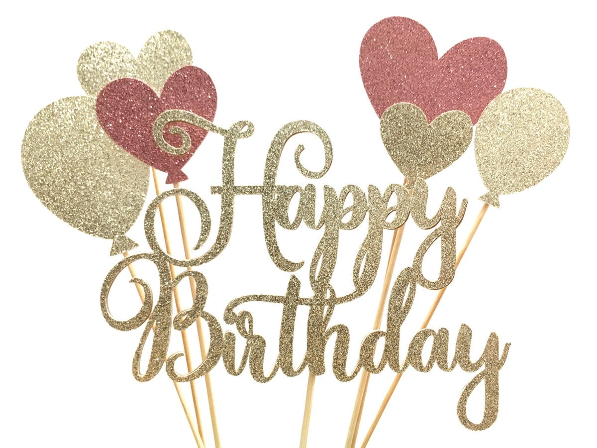 Rose Gold Glitter Script Happy Birthday Balloon Cake Topper Set – Partillc