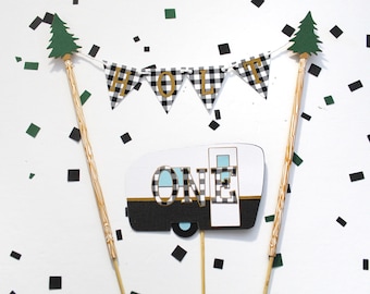 One Happy Camper Cake Toppers | Camping Party | Black & White Gingham/Buffalo Plaid | Woodland Forest Birthday