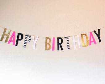 Birthday Banner |   Birthday Banner |   Banner | Birthday Party Decor | Happy Birthday Banner | Pink, Black, and Gold Banner