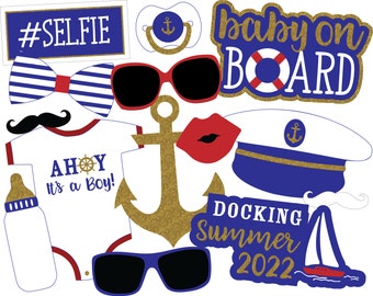 UNEDITABLE Printable Nautical Baby Shower Photo Props | Blue & Gold Sailor Party Decor | Ahoy It's a Boy | Instant Download Boy Baby Shower