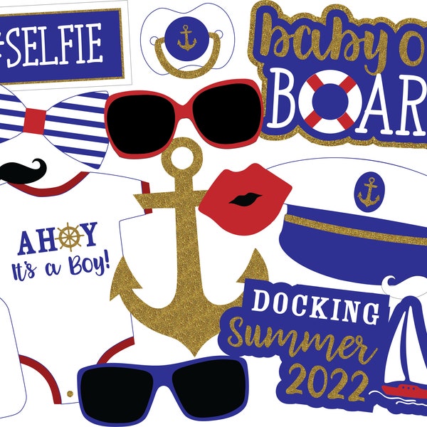 UNEDITABLE Printable Nautical Baby Shower Photo Props | Blue & Gold Sailor Party Decor | Ahoy It's a Boy | Instant Download Boy Baby Shower