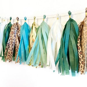 Tassel Garland |  Jungle Tassel Garland | Leopard Print Decorations | Cheetah Print Decorations | Wild one Party Decor | Green and Cheetah