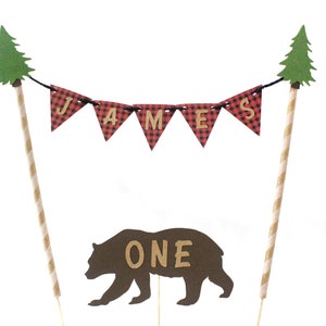 Lumberjack Cake Toppers | Lumberjack/jill Party | Tan/Buffalo Plaid Cake | Woodland Forest Birthday | Pine Tree & Brown Bear Cake Toppers