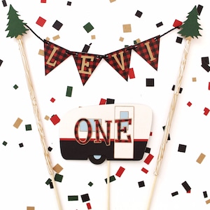 One Happy Camper Cake Toppers | Camping Party | Red/black buffalo Plaid | Woodland Forest Birthday Cake | Vintage Camper