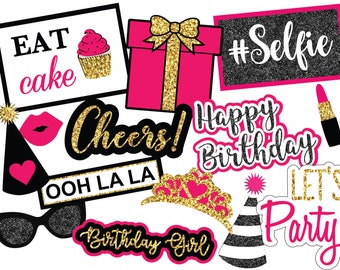 UNEDITABLE Pink Birthday Photo Booth Props, Instant Download Photo Booth Props, Printable Photo Booth Props, Digital Photo Booth Props, Birt