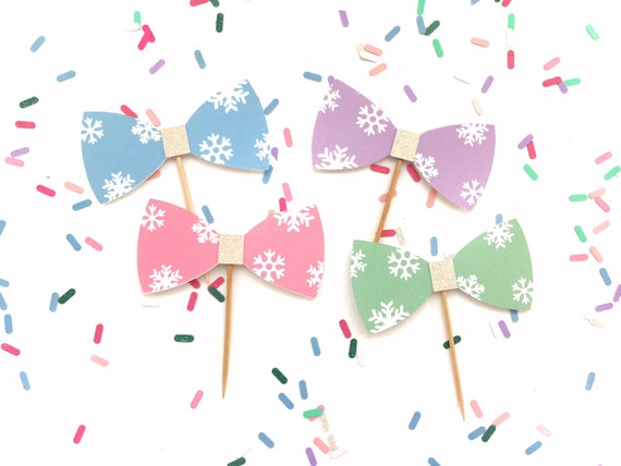 Iridescent Glitter Snowflake Bow Cupcake Toppers Let It Snow