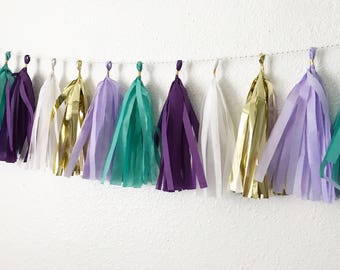 Tassel Garland | Tassel Banner | Mermaid Tassel Garland | Teal Party Decor | Purple, Teal, and Gold Tassel Banner | Mermaid Party Decor