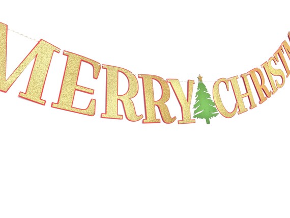 Merry Christmas Banner | Holiday Decor | Red &amp; Gold Glitter Christmas