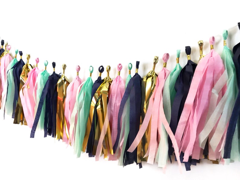 Tassel Garland Tassel Banner Tassels Navy Blue, Mint, Gold and Pink Tassel Garland Navy Blue and Pink Party Navy Blue and Gold image 2