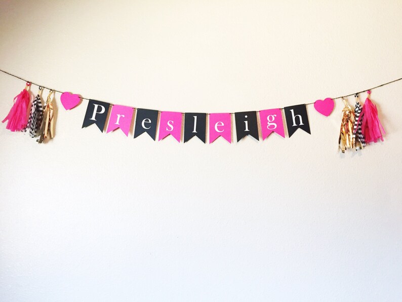 Name Banner Party Tassel Banner Home Decor Pink Birthday Banner Gold and Black Banner Tassel Garland Party Decor