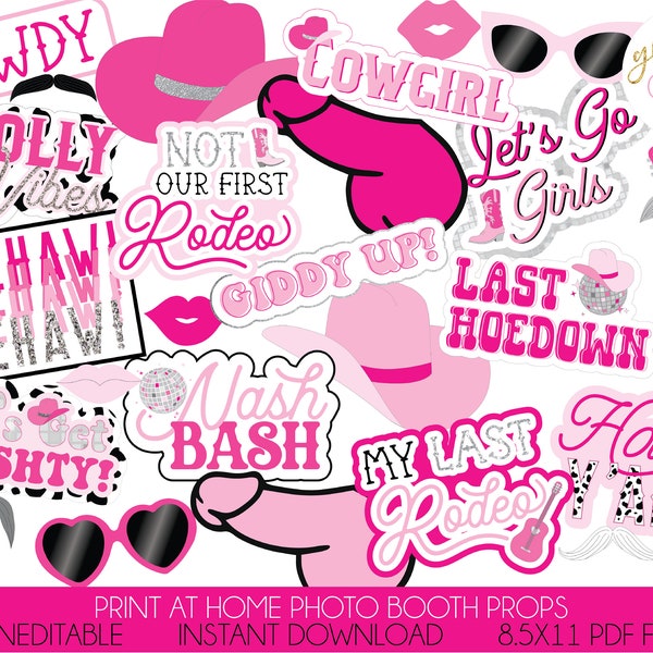 UNEDITABLE Printable Disco Cowgirl Bachelorette photo booth props | Space Cowgirl Nash Bash Themed Party Photo Booth Props | Pink Disco Part