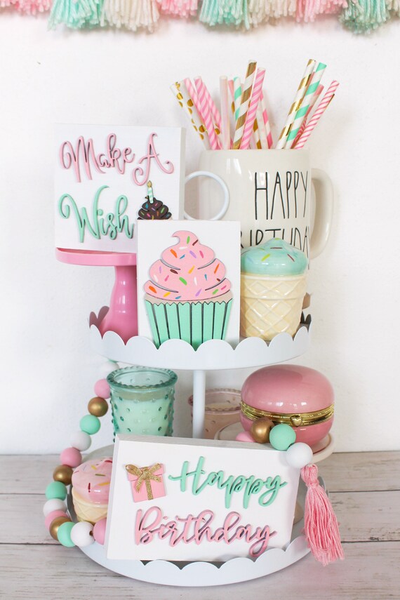 Birthday Tiered Tray Decor | Birthday Tier Tray Decor | Farmhouse Bear Garland | Birthday Sign | Farmhouse Decor | Birthday Shelf Sitter Il_570xn