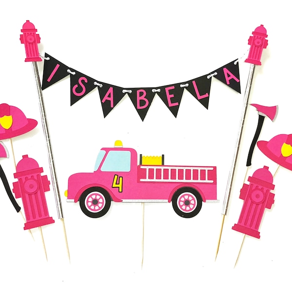 Pink Firetruck Cake Set | Firefighter Birthday Party | Girls Firetruck Party Decor | Firefighter Cake Topper | Fire Station Cupcake Toppers
