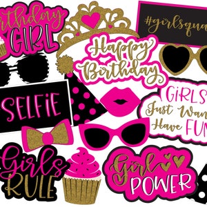 UNEDITABLE Girls Birthday Photo Booth Props | Instant Download Hot Pink, Black & White Props | Downloadable Birthday Decor | Printable Girl