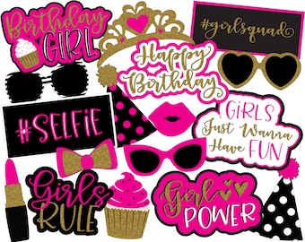 UNEDITABLE Mädchen Geburtstag Photo Booth Requisiten | Sofort Download Hot Pink, Schwarz & Weiß Requisiten | Herunterladbare Geburtstagsdekoration | Druckbares Mädchen