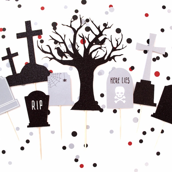 16 PCS Halloween Cake Topper Set - Spiders, Bats, Pumpkins & Tombstone Decorations For Party