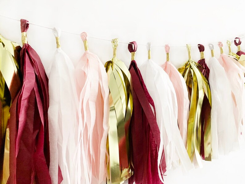 and Blush Pink Tassel Garland Bridal Shower Decor Burgundy Gold Maroon Tassel Garland Gold Party Decor Baby Shower Decor