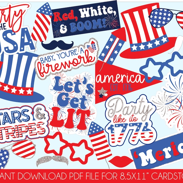 UNEDITABLE 4th of July  Party Photo Booth Props | Independence Day Party Props | Patriotic  Digital Photo Props | 4th of July Printable Prop