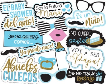 UNEDITABLE Instant Download Spanish Baby Shower Photo Props | Azul Printable Baby Photobooth en Español | Es Un Niño Baby Decor | Black & Wh