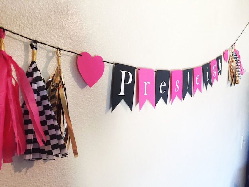 Name Banner Party Tassel Banner Home Decor Pink Birthday Banner Gold and Black Banner Tassel Garland Party Decor