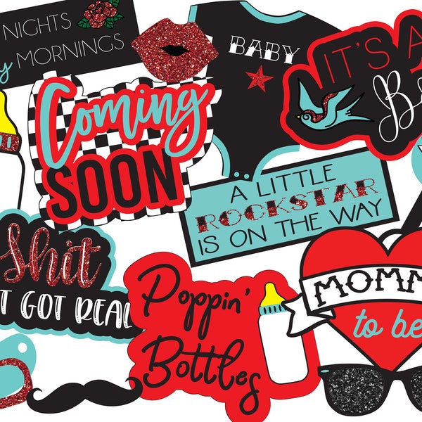 UNEDITABLE Rockabilly druckbare Baby Shower Photo Booth Requisiten | Rockabilly Babyparty | Vintage Tattoo Style Party Decor | Sofort Download