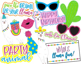 UNEDITABLE Printable Llama Birthday Photo Props | Llama & Cactus Party Decor | Party Animal Decor | Instant Download No Drama Llama Party Ph
