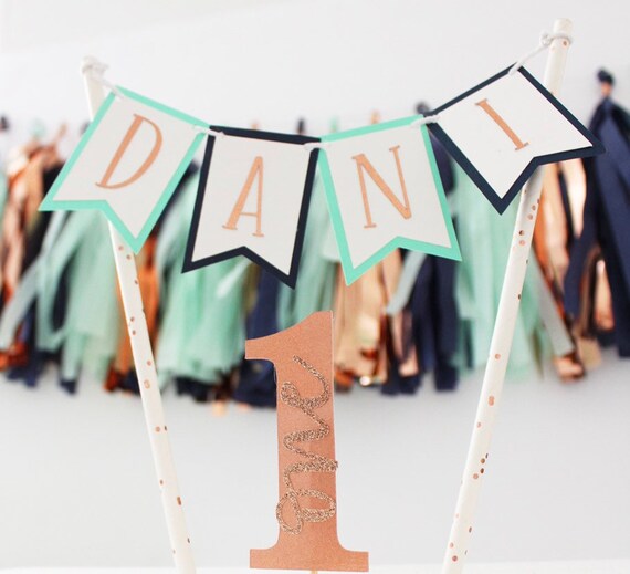 1st Birthday Cake Topper | Rose Gold, Navy, and Mint Cake Topper | Mint and Navy Party Decor | Navy and Rose Gold Party Supplies | Pennant Il_570xn