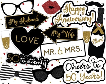 UNEDITABLE Printable 50th Anniversary Photo Props | Anniversary Party Decor | Gold, Black & White Anniversary | Instant Download Photobooth