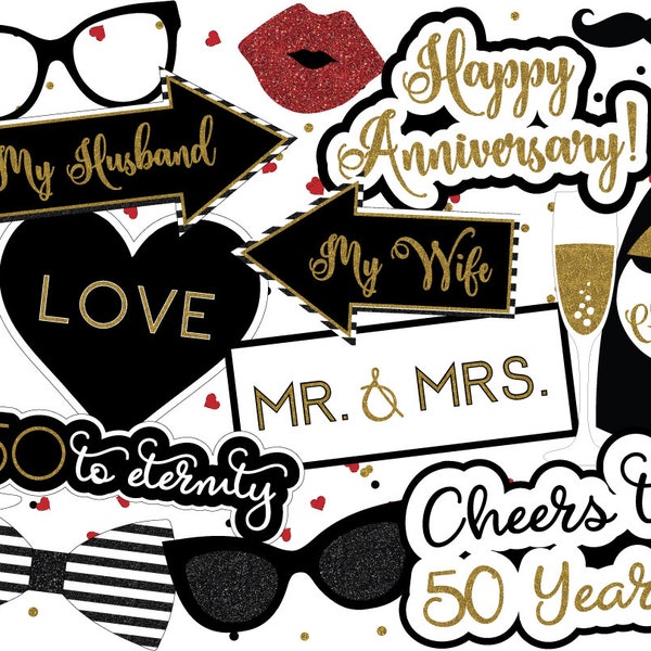 UNEDITABLE Printable 50th Anniversary Photo Props | Anniversary Party Decor | Gold, Black & White Anniversary | Instant Download Photobooth