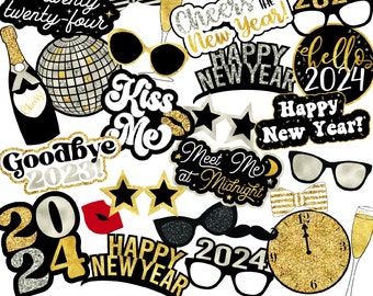 UNEDITABLE 2024 New Year Photo Booth Props | Instant Download NYE Props | Downloadable New Year Party Decor | Printable New Years Props | Ne