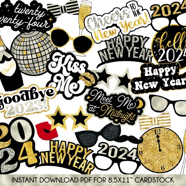 UNEDITABLE 2024 New Year Photo Booth Props | Instant Download NYE Props | Downloadable New Year Party Decor | Printable New Years Props | Ne