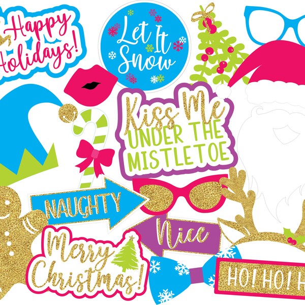 UNEDITABLE Christmas Photo Booth Props | Instant Download Christmas Props | Downloadable Christmas Party Decor | Printable Bright Rainbow Ch