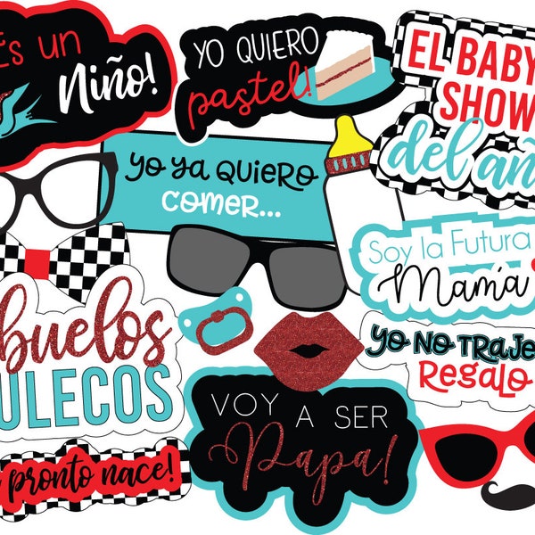 UNEDITABLE Rockabilly Spanish Printable Baby Shower Photo Booth Props | Vintage Tattoo Style en Español Party Decor | Instant Download Roja