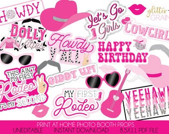 UNEDITABLE Printable Disco Cowgirl Birthday photo booth props | Space Cowgirl Themed Party Photo Booth Props | Pink Disco Party Props | Prin