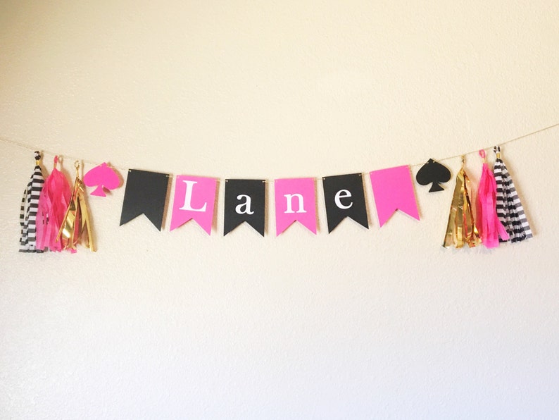 Name Banner Party Tassel Banner Home Decor Pink Birthday Banner Gold and Black Banner Tassel Garland Party Decor